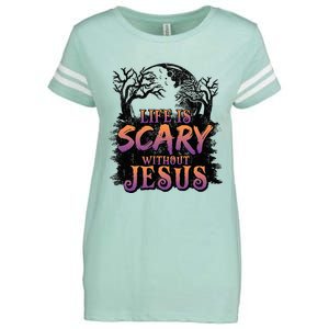 Life Is Scary Without Jesus Funny Halloween Christian Enza Ladies Jersey Football T-Shirt