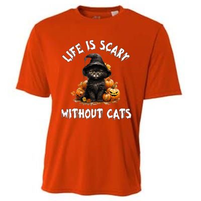 Life Is Scary Without Cats Halloween Black Cat Cooling Performance Crew T-Shirt