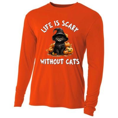 Life Is Scary Without Cats Halloween Black Cat Cooling Performance Long Sleeve Crew