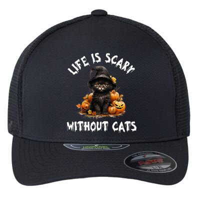 Life Is Scary Without Cats Halloween Black Cat Flexfit Unipanel Trucker Cap