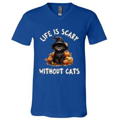 Life Is Scary Without Cats Halloween Black Cat V-Neck T-Shirt