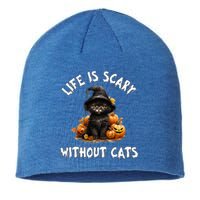 Life Is Scary Without Cats Halloween Black Cat Sustainable Beanie