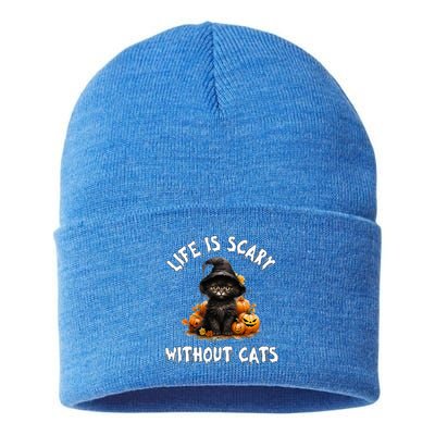 Life Is Scary Without Cats Halloween Black Cat Sustainable Knit Beanie