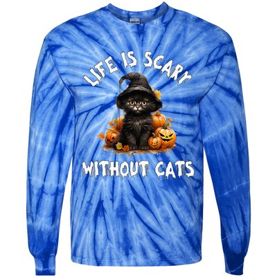 Life Is Scary Without Cats Halloween Black Cat Tie-Dye Long Sleeve Shirt