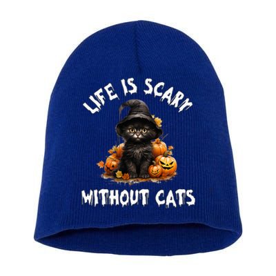 Life Is Scary Without Cats Halloween Black Cat Short Acrylic Beanie