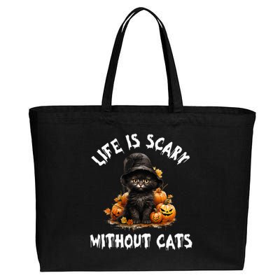 Life Is Scary Without Cats Halloween Black Cat Cotton Canvas Jumbo Tote