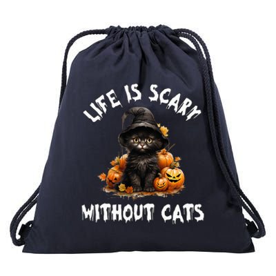 Life Is Scary Without Cats Halloween Black Cat Drawstring Bag