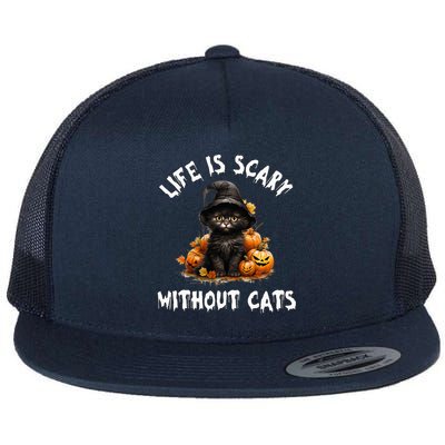 Life Is Scary Without Cats Halloween Black Cat Flat Bill Trucker Hat