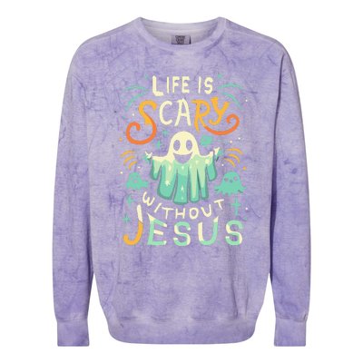 Life Is Scary Without Jesus Christian Halloween Funny Colorblast Crewneck Sweatshirt