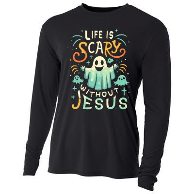 Life Is Scary Without Jesus Christian Halloween Funny Cooling Performance Long Sleeve Crew