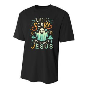 Life Is Scary Without Jesus Christian Halloween Funny Youth Performance Sprint T-Shirt