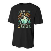 Life Is Scary Without Jesus Christian Halloween Funny Youth Performance Sprint T-Shirt