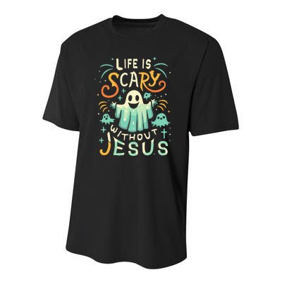 Life Is Scary Without Jesus Christian Halloween Funny Youth Performance Sprint T-Shirt