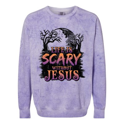 Life Is Scary Without Jesus Funny Halloween Christian Colorblast Crewneck Sweatshirt