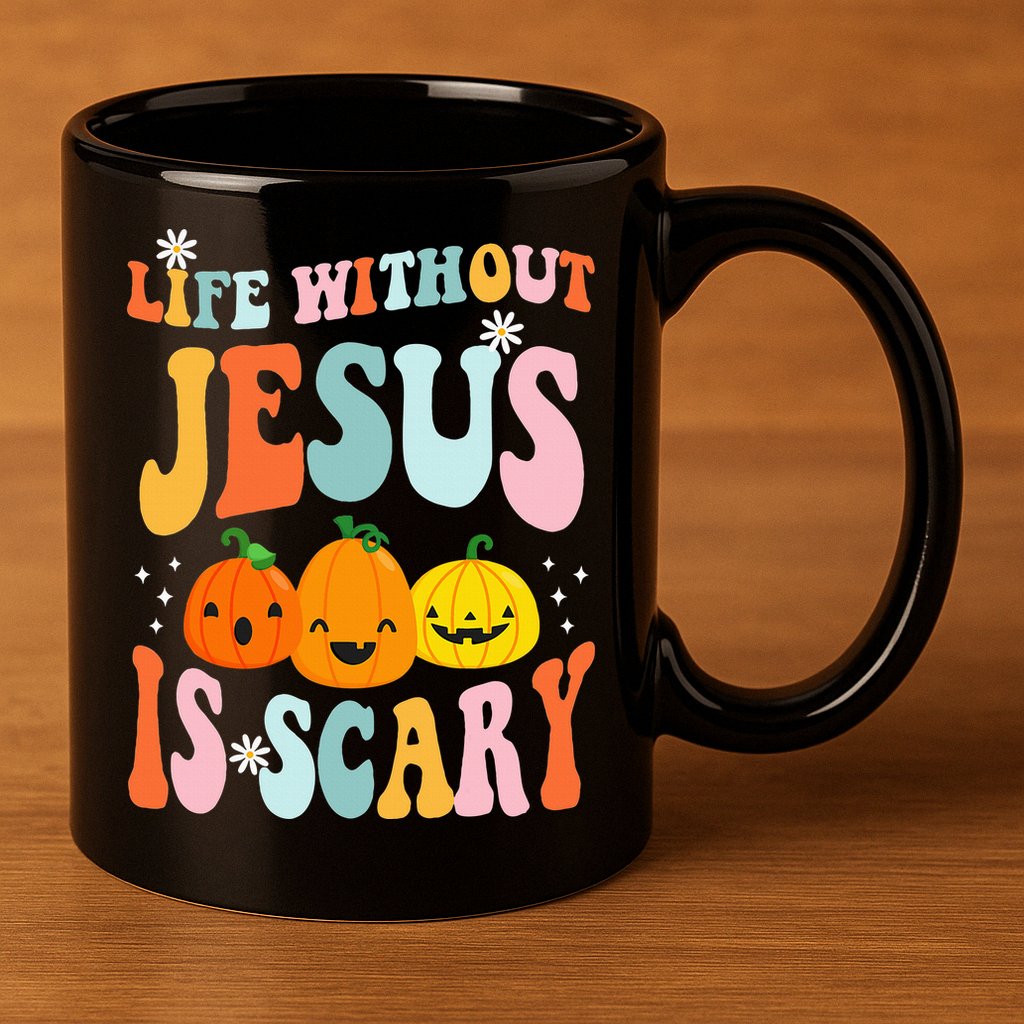 Life Is Scary Without Jesus Christian Faith Halloween 11oz C Handle Ceramic Mug