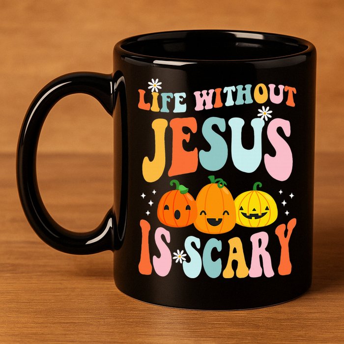 Life Is Scary Without Jesus Christian Faith Halloween 11oz C Handle Ceramic Mug