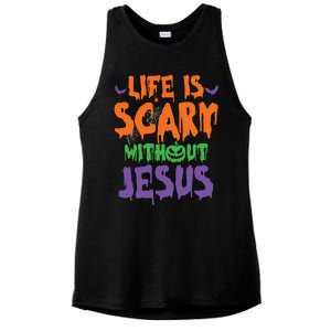 Life Is Scary Without Jesus Spooky Halloween Christian Ladies PosiCharge Tri-Blend Wicking Tank