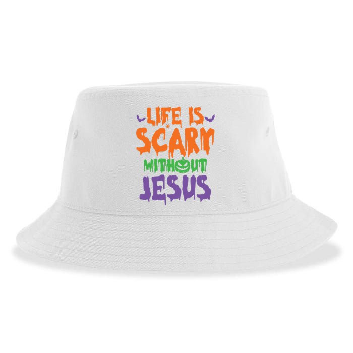 Life Is Scary Without Jesus Spooky Halloween Christian Sustainable Bucket Hat