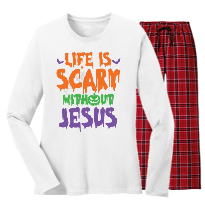 Life Is Scary Without Jesus Spooky Halloween Christian Women's Long Sleeve Flannel Pajama Set 