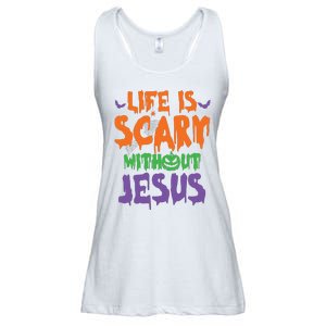 Life Is Scary Without Jesus Spooky Halloween Christian Ladies Essential Flowy Tank