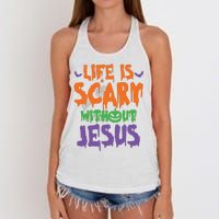 Life Is Scary Without Jesus Spooky Halloween Christian Women's Knotted Racerback Tank