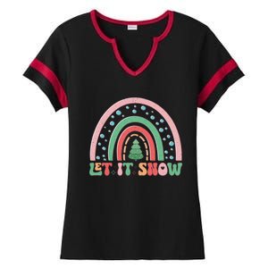 Let It Snow Rainbow And Christmas Tree Graphic Ladies Halftime Notch Neck Tee