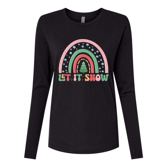 Let It Snow Rainbow And Christmas Tree Graphic Womens Cotton Relaxed Long Sleeve T-Shirt