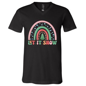 Let It Snow Rainbow And Christmas Tree Graphic V-Neck T-Shirt