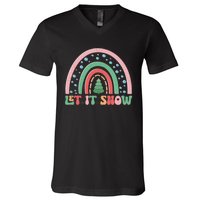 Let It Snow Rainbow And Christmas Tree Graphic V-Neck T-Shirt