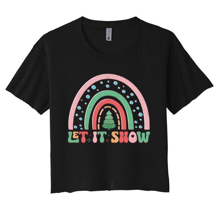 Let It Snow Rainbow And Christmas Tree Graphic Women's Crop Top Tee