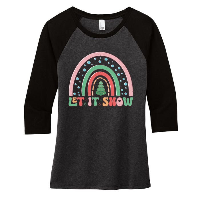 Let It Snow Rainbow And Christmas Tree Graphic Women's Tri-Blend 3/4-Sleeve Raglan Shirt