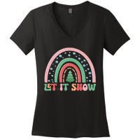 Let It Snow Rainbow And Christmas Tree Graphic Women's V-Neck T-Shirt