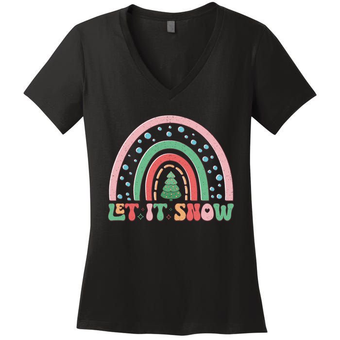 Let It Snow Rainbow And Christmas Tree Graphic Women's V-Neck T-Shirt