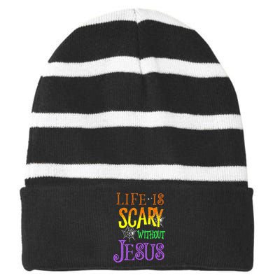 Life Is Scary Without Jesus Halloween Costume Striped Beanie with Solid Band