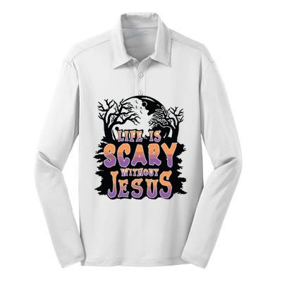 Life Is Scary Without Jesus Silk Touch Performance Long Sleeve Polo