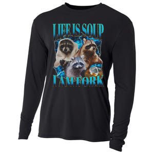 Life Is Soup I Am Fork Funny Raccoon Absurd Meme Cooling Performance Long Sleeve Crew