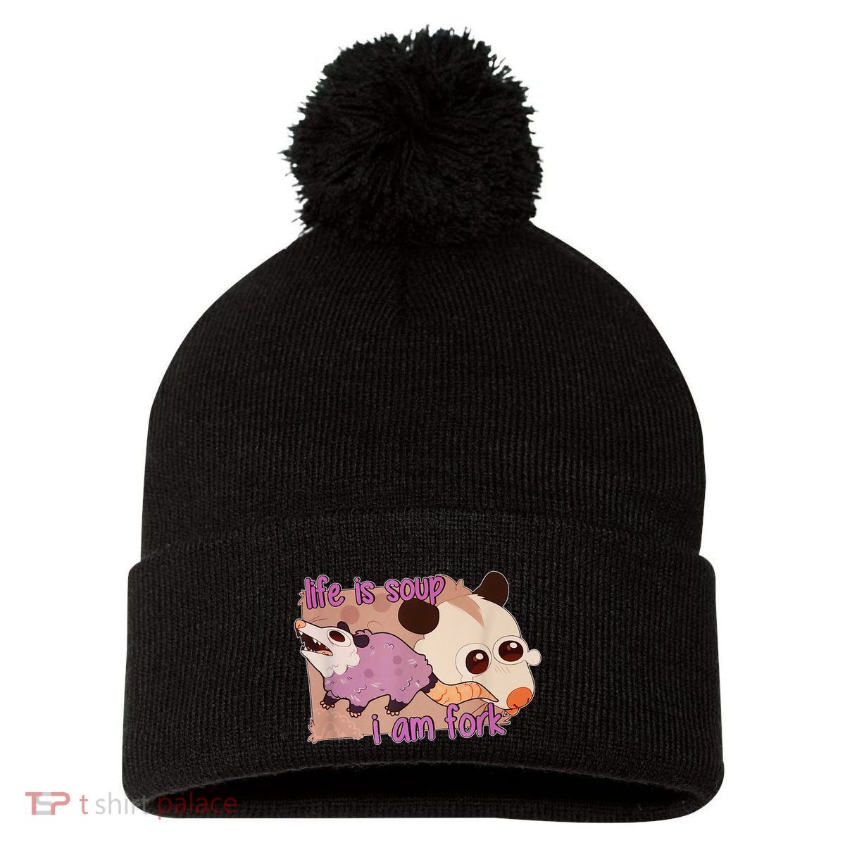 Life Is Soup I Am Fork Pom Pom 12in Knit Beanie