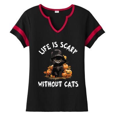 Life Is Scary Without Cats Halloween Black Cat Ladies Halftime Notch Neck Tee