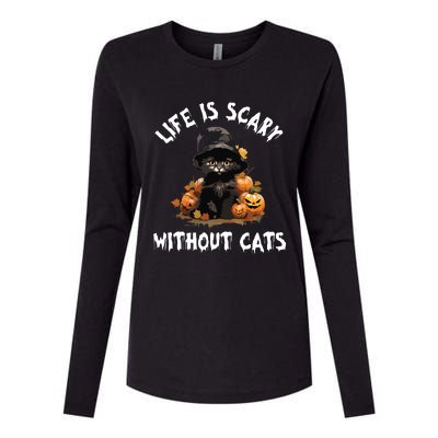 Life Is Scary Without Cats Halloween Black Cat Womens Cotton Relaxed Long Sleeve T-Shirt