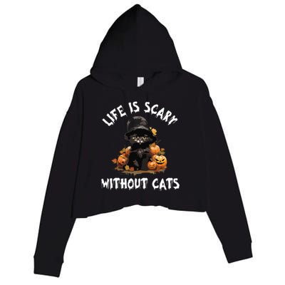 Life Is Scary Without Cats Halloween Black Cat Crop Fleece Hoodie