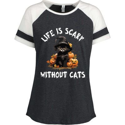 Life Is Scary Without Cats Halloween Black Cat Enza Ladies Jersey Colorblock Tee