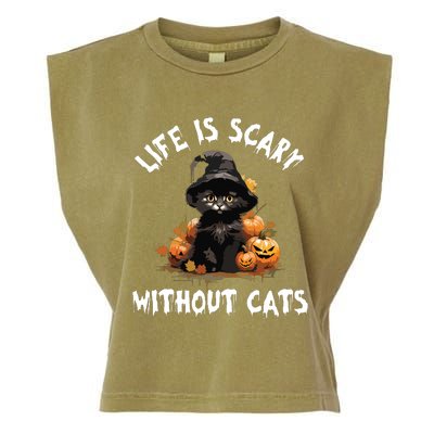 Life Is Scary Without Cats Halloween Black Cat Garment-Dyed Women's Muscle Tee