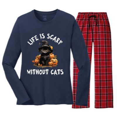 Life Is Scary Without Cats Halloween Black Cat Women's Long Sleeve Flannel Pajama Set 