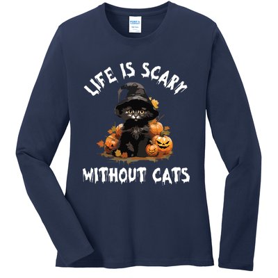 Life Is Scary Without Cats Halloween Black Cat Ladies Long Sleeve Shirt