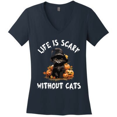 Life Is Scary Without Cats Halloween Black Cat Women's V-Neck T-Shirt