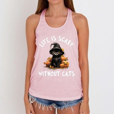 Life Is Scary Without Cats Halloween Black Cat Women's Knotted Racerback Tank