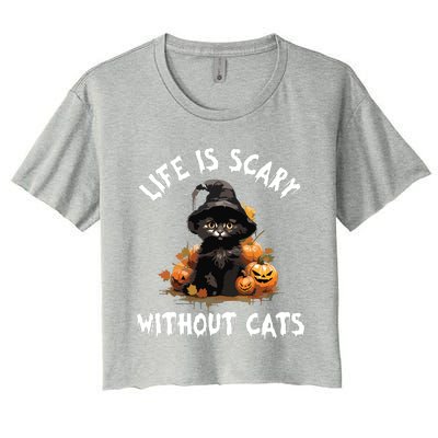 Life Is Scary Without Cats Halloween Black Cat Women's Crop Top Tee