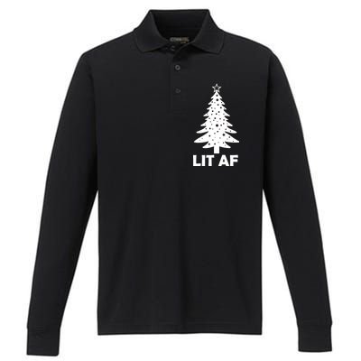 Lit AF Christmas Tree Performance Long Sleeve Polo