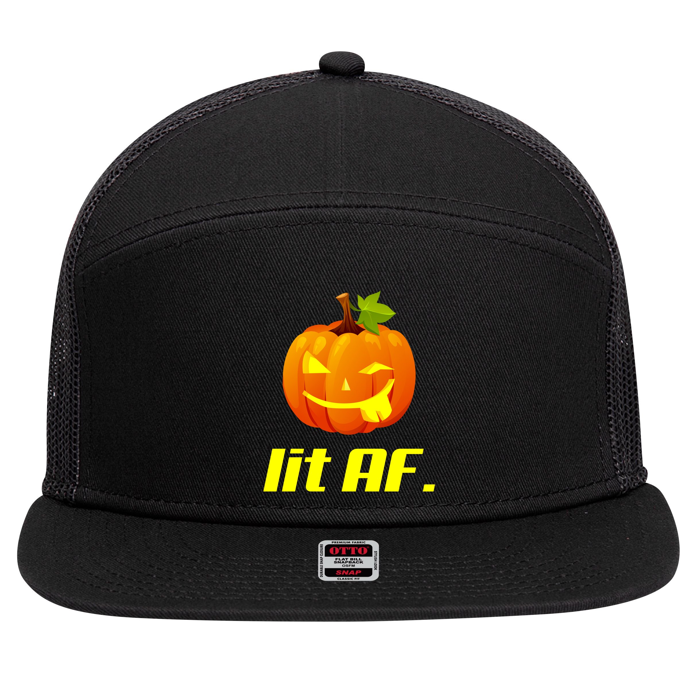 Lit AF Funny Halloween Jack O Lantern Pumpkin 7 Panel Mesh Trucker Snapback Hat