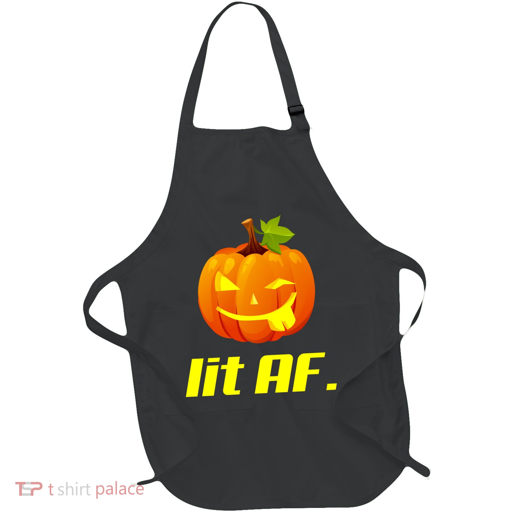 Lit AF Funny Halloween Jack O Lantern Pumpkin Full-Length Apron With Pockets